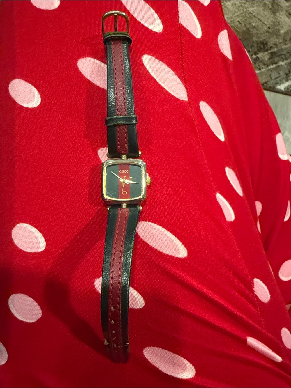 Gucci green and Red Leather Strap Square Watch with Gold Case, needs battery!